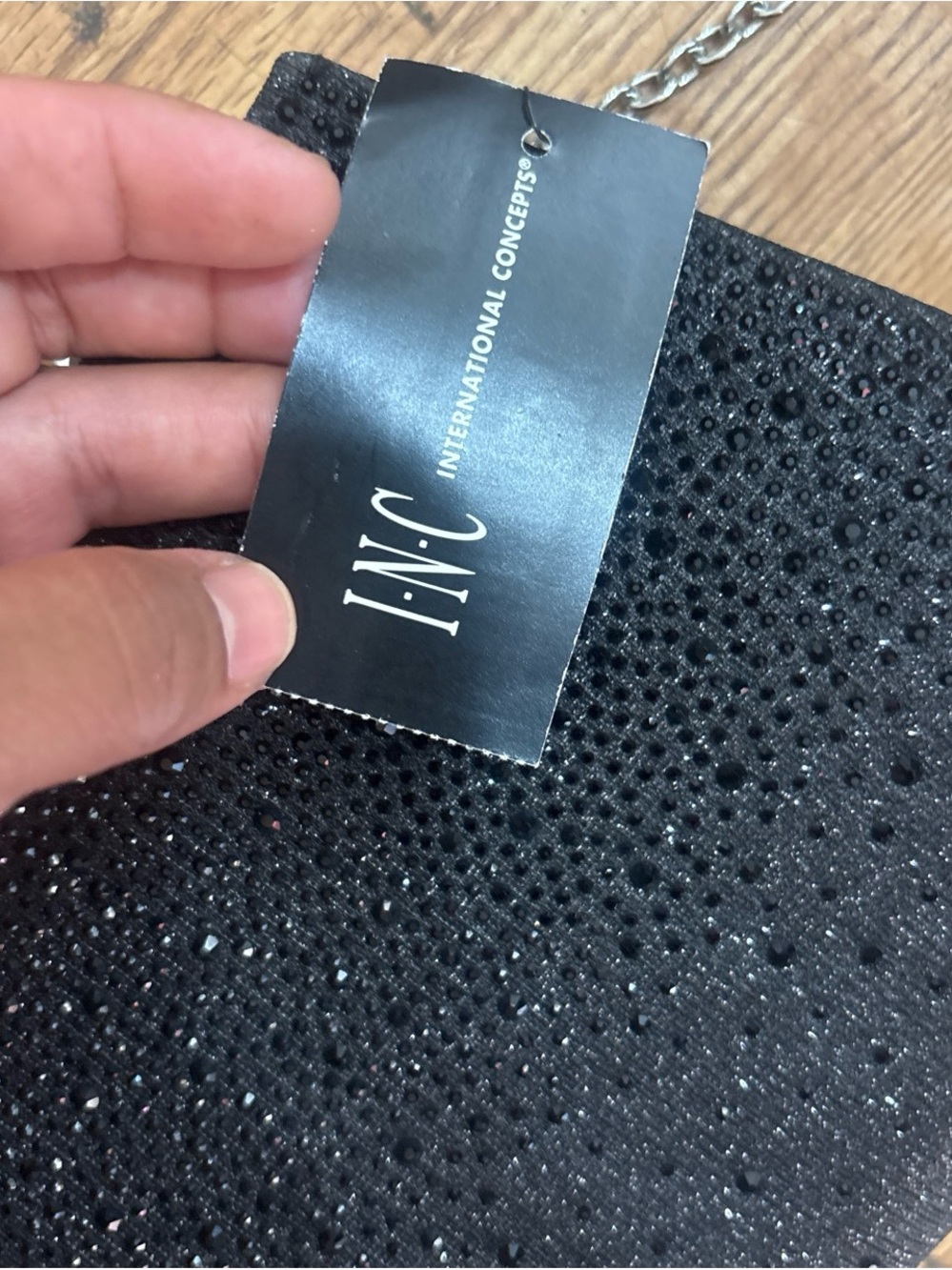 INC International Concepts Black Crystal-Studded Clutch with Silver Ring Handle - Picture 2 of 3